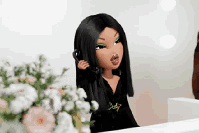 a bratz doll is standing in front of a mirror with flowers in the background