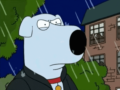 a cartoon dog is standing in front of a brick building in the rain