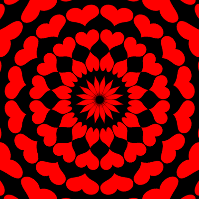 a black background with red hearts and a flower in the middle