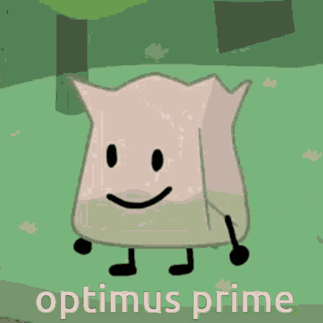 a cartoon character named optimus prime is standing in the grass .