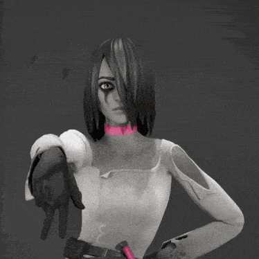 a black and white image of a woman with a pink choker around her neck