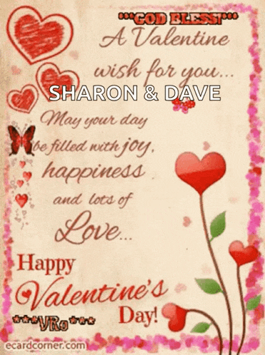 a valentine 's day card for sharon and dave with hearts and flowers