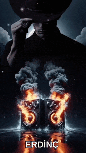 a man in a cowboy hat stands in front of two speakers that are on fire and the word erding is on the bottom