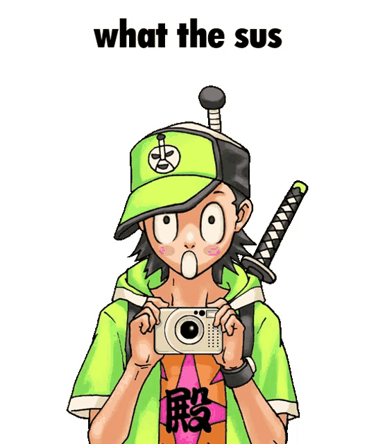 a cartoon of a boy holding a camera with the words what the sus written below him