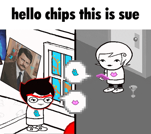 a cartoon character is standing in front of a window with the words hello chips this is sue
