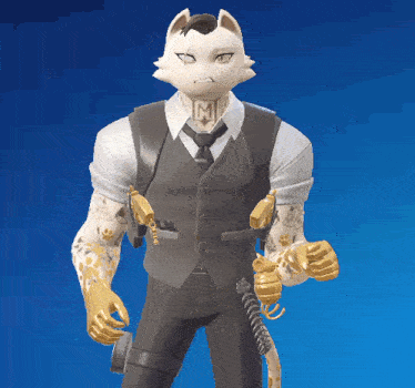 a man with a cat mask and the letter m on his neck