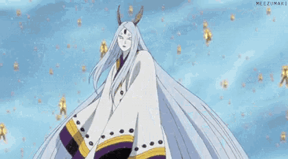 a cartoon character with long white hair and horns is standing in front of a yellow explosion .