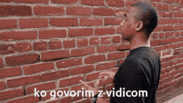 a man standing in front of a brick wall with the words ko govorim z vidicom written on the bottom