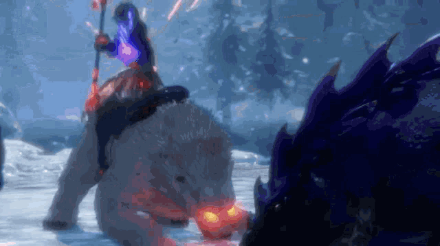 a man is riding a polar bear in the snow