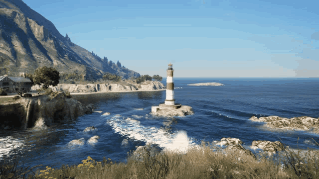 a lighthouse in the middle of a body of water