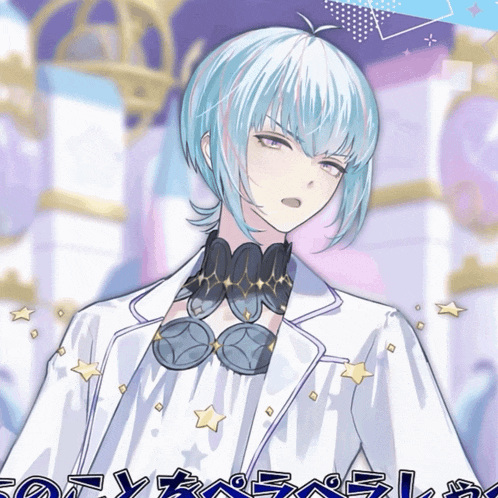 a drawing of a boy with blue hair and a white jacket with a necklace around his neck