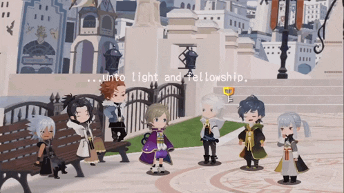 a group of cartoon characters standing in front of a building with the words unto light and fellowship