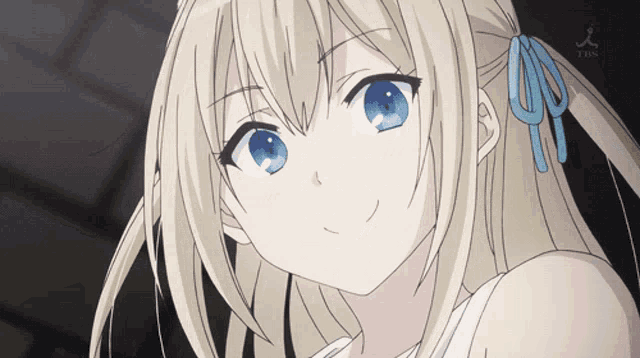 a blonde anime girl with blue eyes and a white shirt
