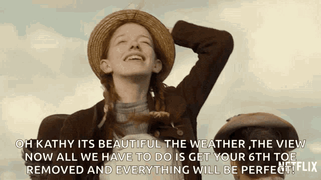 a girl in a straw hat is laughing with a caption that says oh kathy its beautiful the weather
