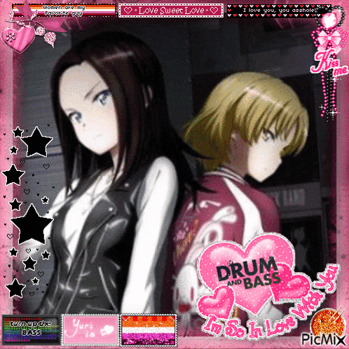 a couple of anime girls standing next to each other with a pink heart that says drum and bass on it