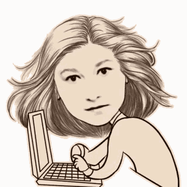 a cartoon of a woman using a laptop computer with her hand on the keyboard .