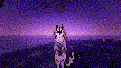 a black and white wolf is standing in a field of purple flowers .