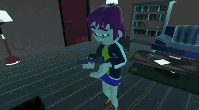 a cartoon character with purple hair is standing in a living room
