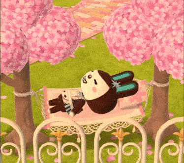 a cartoon rabbit is laying on a hammock under cherry blossoms