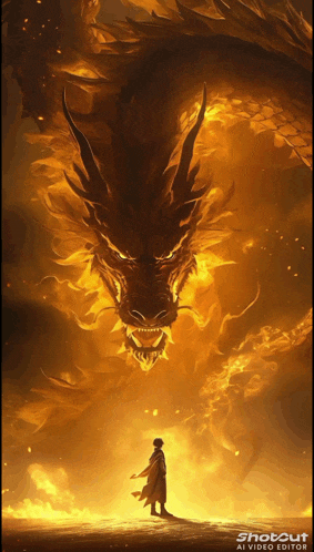 a painting of a man standing in front of a dragon with the words shotout at the bottom
