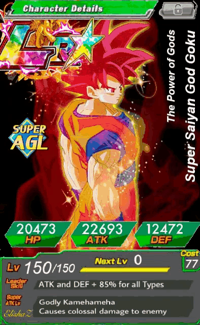 super saiyan god goku has a super agl card that says character details