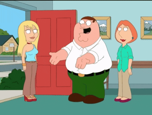 peter griffin and lois griffin from family guy are standing in front of a red door