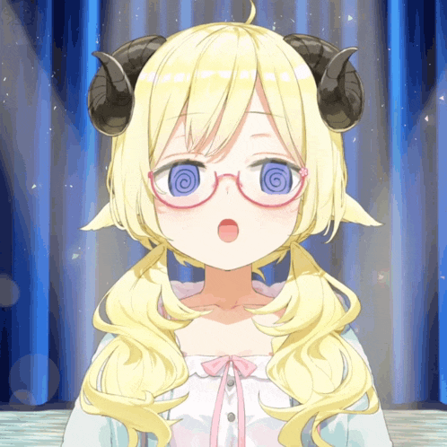 a girl with horns and glasses has a spiral in her eye