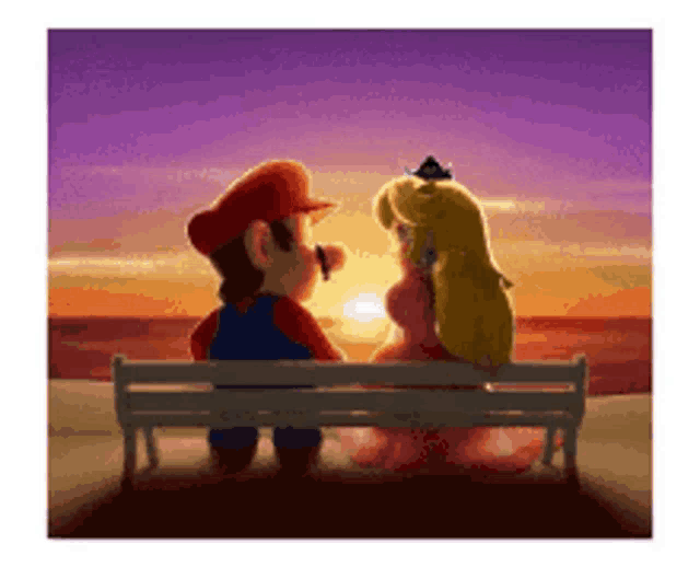 mario and princess peach are sitting on a bench at sunset looking at each other .