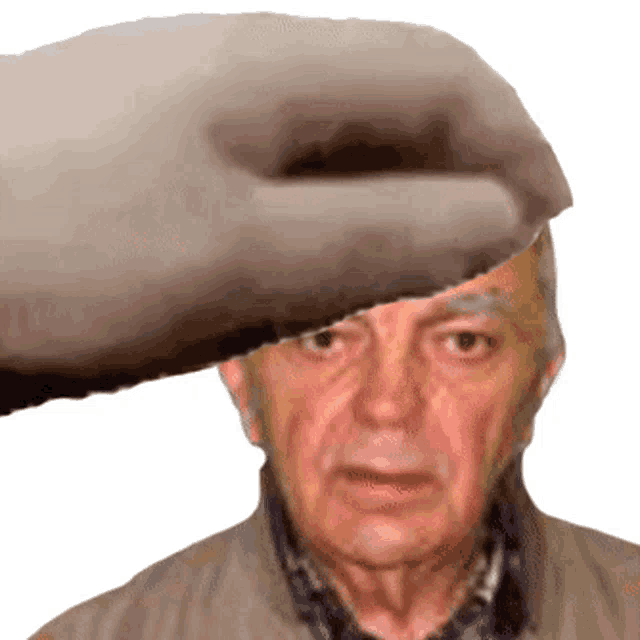 an elderly man is being slapped by a hand