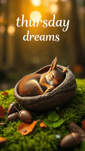 a squirrel is sleeping in a nutshell with the words thursday dreams written above it