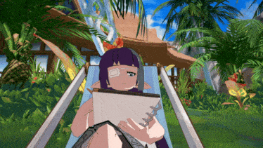 a girl with a bandage on her eye sits in a hammock holding a book