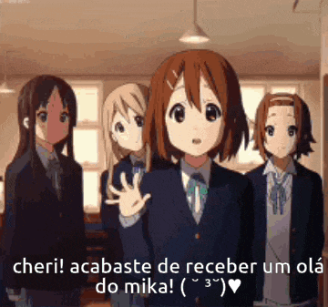 a group of anime girls are standing next to each other and one of them says cheri
