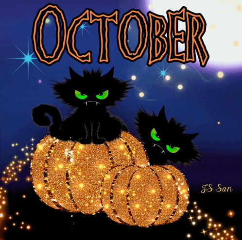 two black cats are sitting on a pumpkin with the word october above them