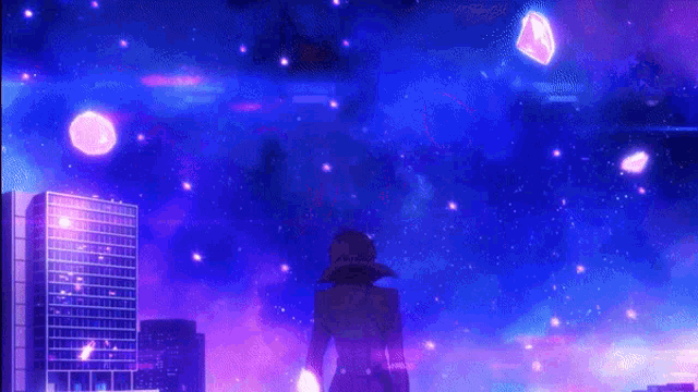 a person is standing in front of a purple sky with buildings in the background