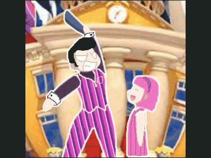 a cartoon of a man holding a knife standing next to a girl in front of a building