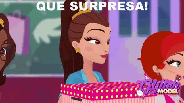 a cartoon of a woman holding a box that says que sorpresa on it