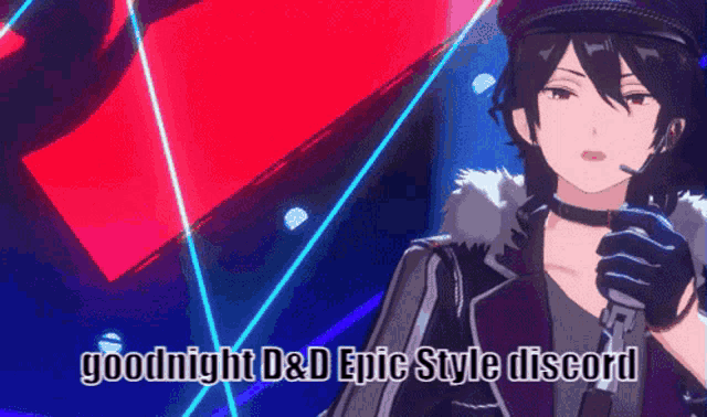 a cartoon character holding a microphone with the words goodnight d & d epic style discord below him