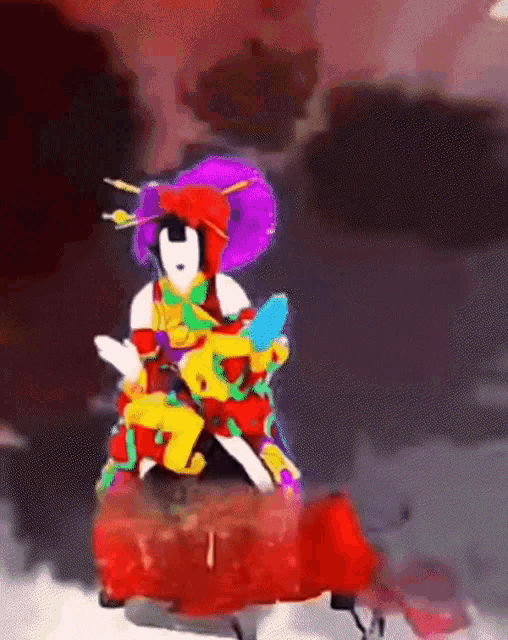 a woman in a colorful costume is riding on a red sled