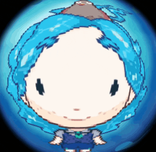 a pixel art of a girl with blue hair