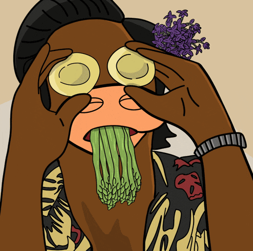 a cartoon drawing of a person with asparagus sticking out of his mouth