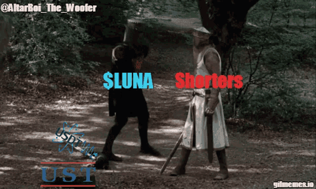 a man with a sword is standing next to another man with a sword and the words sluna shorters are on the bottom