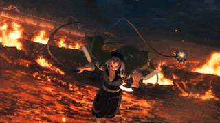 a cartoon character is holding a chain and a sword in front of a fire