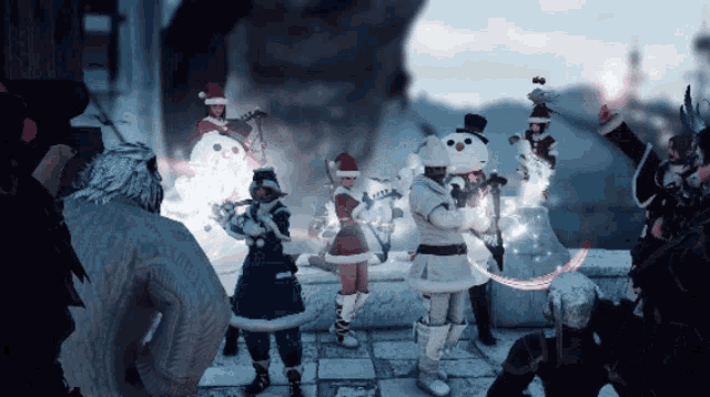 a group of people dressed as santa clauses and snowmen are dancing