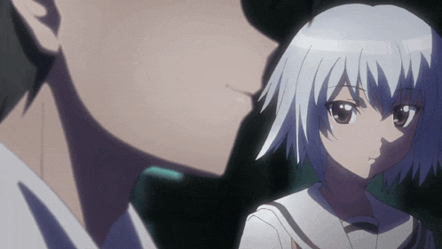 a girl with white hair is looking at a boy