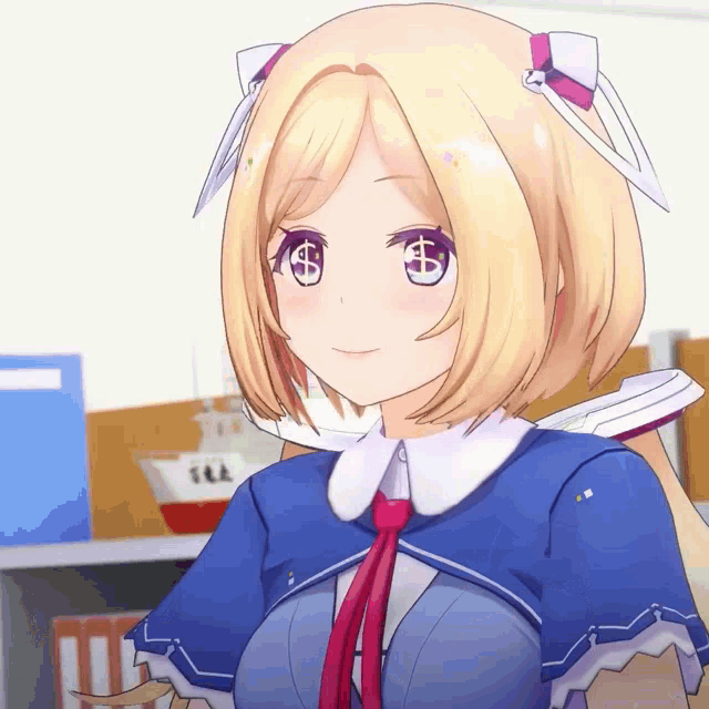 a girl with blonde hair and purple eyes is smiling