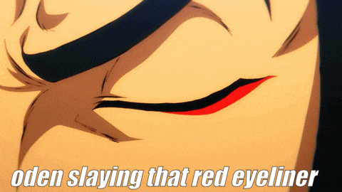 a close up of a person 's face with the words oden slaying that red eyeliner above it