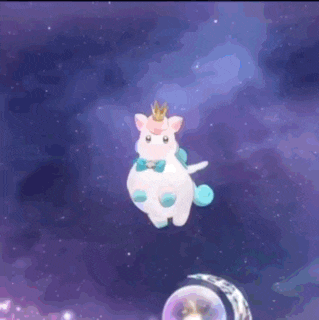 a stuffed unicorn with a crown on its head is flying in the air .