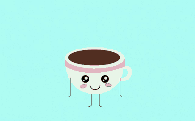 a cup of coffee with arms and legs and the words good morning above it