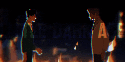 two men are standing next to each other in a dark room with the word dark written in the background
