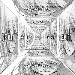 a black and white drawing of a girl in a hallway with the words ueueuhh written on it .